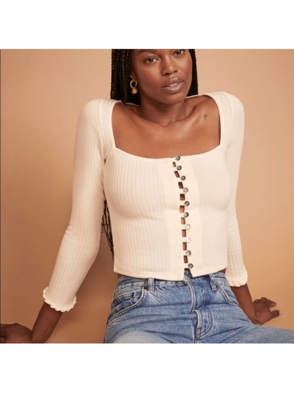 Reformation Kaisa Ribbed Button Top White